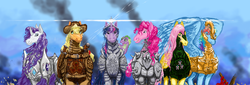 Size: 4996x1697 | Tagged: safe, artist:pwnyville, applejack, fluttershy, pinkie pie, rainbow dash, rarity, spike, twilight sparkle, horse, g4, armor, badass, badass adorable, cute, fire, high res, lens flare, looking at you, magic, mane seven, mane six, michael bay, open mouth, realistic, smiling, smirk, smoke, sword, tiara, weapon, wreckage