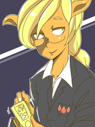 Size: 600x800 | Tagged: safe, artist:tsukusun, applejack, earth pony, anthro, g4, alternative cutie mark placement, ambiguous facial structure, blazer, female, glasses, pixiv, smiling, solo