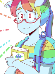 Size: 600x800 | Tagged: safe, artist:tsukusun, rainbow dash, spike, anthro, g4, ambiguous facial structure, backpack, book, egghead, female, floppy ears, freckles, glasses, pixiv, ponytail, rainbow dork, smiling, solo