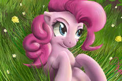 Size: 1500x1000 | Tagged: safe, artist:discordriderr34, pinkie pie, g4, cute, female, floppy ears, flower, grass, on back, smiling, solo