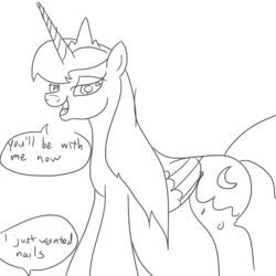 Size: 720x720 | Tagged: safe, artist:varemia, big macintosh, princess luna, alicorn, earth pony, pony, g4, spoiler:comic, spoiler:comic09, abdominal bulge, belly, dialogue, female, fetish, lineart, lunapred, male, mare, monochrome, ship:lunamac, shipping, stallion, straight, stuffed belly, vore, yandere, yanderuna