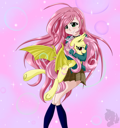 Size: 3500x3700 | Tagged: safe, artist:pinktabico, fluttershy, human, g4, clothes, crossover, flutterbat, high res, miniskirt, moka akashiya, plaid skirt, pleated skirt, rosario to vampire, skirt, socks, underhoof