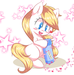 Size: 1363x1380 | Tagged: safe, artist:aryanne, oc, oc only, oc:aryanne, female, filly, heart, heart eyes, present, solo, stars, wingding eyes