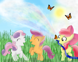 Size: 1000x800 | Tagged: safe, artist:chanceyb, apple bloom, scootaloo, sweetie belle, butterfly, earth pony, pegasus, pony, unicorn, g4, butterfly on nose, cutie mark crusaders, happy, hose, insect on nose, mouth hold, traditional art, water