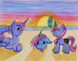 Size: 1012x789 | Tagged: safe, artist:the1king, princess luna, oc, oc:azure night, oc:seline, g4, azuna, beach, buried, canon x oc, daughter, father and daughter, female, filly, male, mother and daughter, next generation, ocean, offspring, parent:oc:azure night, parent:princess luna, parents:azuna, parents:canon x oc, shipping, straight, sunset, traditional art