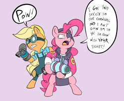 Size: 898x731 | Tagged: safe, artist:metal-kitty, applejack, pinkie pie, pony, g4, bipedal, clothes, crossover, demoman, demoman (tf2), demopie, engiejack, engineer, engineer (tf2), eyepatch, goggles, gunslinger (tf2), overalls, team fortress 2