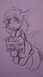 Size: 719x1280 | Tagged: safe, artist:krispykakes, derpy hooves, pegasus, pony, g4, female, mare, monochrome, sign, sketch, solo, traditional art