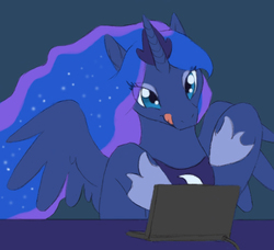 Size: 510x465 | Tagged: safe, princess luna, alicorn, pony, ask dark goddess luna, g4, ask, computer, cute, eye clipping through hair, female, hoof shoes, keyboard, laptop computer, lunabetes, mare, peytral, solo, spread wings, tongue out, tumblr, typing, wings