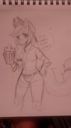 Size: 719x1280 | Tagged: safe, artist:krispykakes, applejack, earth pony, anthro, g4, alcohol, cider, female, monochrome, solo, traditional art