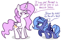 Size: 1620x1040 | Tagged: dead source, safe, artist:php92, princess celestia, princess luna, alicorn, pony, g4, angry, cewestia, cute, dialogue, filly, frown, insult, raised hoof, scrunchy face, sibling rivalry, smiling, sophisticated as hell, sophisticated as tartarus, speech bubble, woona, ye olde english, younger
