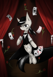 Size: 758x1089 | Tagged: safe, artist:ninjapony, oc, oc only, oc:ace sleeves, bowtie, card, commission, curtains, fedora, hat, magic, magic show, magic trick, playing card, rose, solo, stage, tattoo, waistcoat