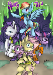 Size: 800x1131 | Tagged: safe, artist:moenkin, fluttershy, rainbow dash, rarity, spike, twilight sparkle, goo, g4, cosplay, crossover, daphne blake, forest, fred jones, glasses, night, poster, scared, scooby-doo!, shaggy rogers, velma dinkley