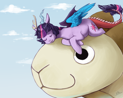 Size: 1000x800 | Tagged: safe, artist:xarakayx, twilight sparkle, sheep, g4, crossover, discord sparkle, draconequified, going merry, mismatched horns, mismatched wings, one piece, species swap, tddts, twikonequus, wings