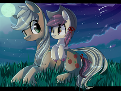 Size: 4000x3000 | Tagged: dead source, safe, artist:bonbrony, apple bloom, applejack, earth pony, pony, g4, accessory swap, bow, colored hooves, duo, female, filly, full moon, grass, hair bow, looking at each other, loose hair, lying down, lying on top of someone, mare, moon, night, outdoors, prone, shooting star, siblings, sisters, smiling, starry night, tail bow, unshorn fetlocks