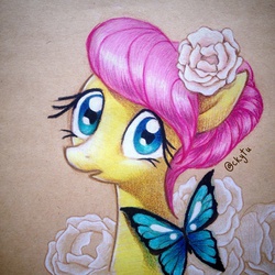 Size: 1280x1280 | Tagged: safe, artist:chakanyuantu, fluttershy, butterfly, g4, alternate hairstyle, female, flower, flower in hair, solo, traditional art