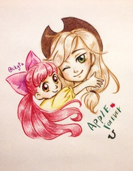 Size: 1000x1280 | Tagged: safe, artist:chakanyuantu, apple bloom, applejack, human, g4, humanized, sisters, traditional art, wink