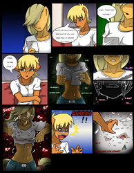 Size: 1275x1639 | Tagged: safe, artist:zoarenso, applejack, ms. harshwhinny, anthro, comic:harsh apples, g4, belly button, comic, harsh apples, midriff