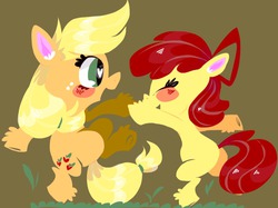 Size: 1280x958 | Tagged: safe, artist:supernoncutie, apple bloom, applejack, g4, dancing, simple background, sisters