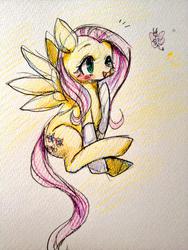Size: 768x1024 | Tagged: safe, artist:nitronic, fluttershy, butterfly, g4, blushing, clothes, cute, eyes on the prize, female, open mouth, smiling, socks, solo, spread wings, traditional art