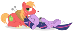 Size: 1350x600 | Tagged: safe, artist:dm29, big macintosh, smarty pants, twilight sparkle, earth pony, pony, unicorn, g4, belly, blushing, cute, eyes closed, heart, julian yeo is trying to murder us, kissing, let's do the time warp again, male, on back, prone, round belly, ship:twimac, shipping, simple background, smiling, stallion, straight, transparent background, twiabetes, unicorn twilight, vector