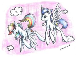 Size: 1024x765 | Tagged: safe, artist:lionessfortune, rainbow dash, soarin', g4, female, flying, male, ship:soarindash, shipping, smiling, straight, traditional art