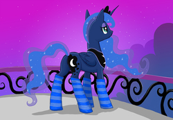 Size: 1200x830 | Tagged: safe, artist:pedantia, princess luna, g4, balcony, butt, clothes, female, night, plot, socks, solo, striped socks