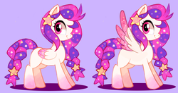 Size: 1255x661 | Tagged: safe, artist:suikuzu, oc, oc only, pegasus, pony, braid, looking at you, smiling, solo, spread wings, stars