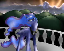 Size: 1280x1024 | Tagged: safe, artist:backlash91, princess luna, g4, balcony, female, solo, sunrise