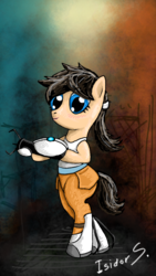 Size: 670x1191 | Tagged: safe, artist:isidorswande, pony, bipedal, chell, crossover, long fall horseshoe, ponified, portal (valve), portal gun, solo