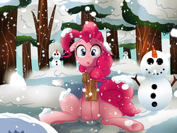 Size: 2666x2000 | Tagged: safe, artist:vocalmaker, artist:うめぐる, pinkie pie, earth pony, pony, g4, clothes, female, happy new year, mare, merry christmas, open mouth, scarf, sitting, snow, snowfall, snowman, solo, winter
