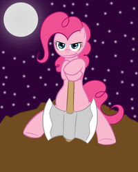 Size: 800x1000 | Tagged: safe, artist:kloudmutt, pinkie pie, earth pony, pony, g4, axe, bipedal, female, moon, solo, stars, weapon