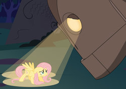 Size: 1052x744 | Tagged: safe, artist:the-pyromanecer, fluttershy, pegasus, pony, robot, g4, crossover, crying, looking at each other, looking at something, scared, spotlight