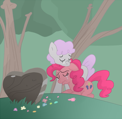 Size: 594x583 | Tagged: artist needed, safe, pinkie pie, oc, earth pony, pony, g4, comforting, crying, female, mare, tree