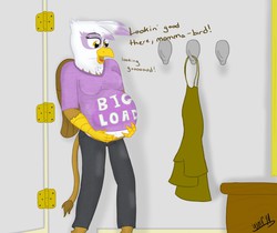 Size: 1280x1074 | Tagged: safe, artist:theimmortalwolf, gilda, griffon, anthro, g4, belly, big belly, clothes, dressing room, female, pregnant, solo