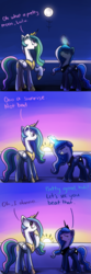 Size: 1200x3600 | Tagged: safe, artist:anticular, princess celestia, princess luna, alicorn, pony, ask sunshine and moonbeams, g4, :t, blushing, comic, description is artwork too, do you even lift, duo, duo female, eyes closed, female, floppy ears, frown, gritted teeth, magic, mare, meme, moon work, open mouth, peytral, punchline in the description, raised hoof, smiling, smirk, sun work, sweat
