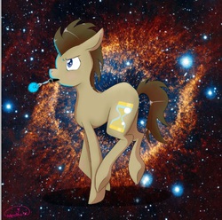 Size: 502x498 | Tagged: safe, artist:mewbabe, doctor whooves, time turner, g4, doctor who, male, mouth hold, planetary nebula, solo, sonic screwdriver