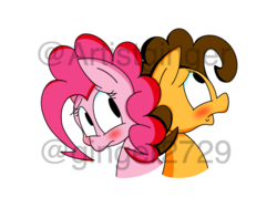 Size: 1024x768 | Tagged: safe, artist:artistginger, cheese sandwich, pinkie pie, pony, g4, back to back, blushing, bust, crush, female, looking away, male, ship:cheesepie, shipping, simple background, straight, transparent background