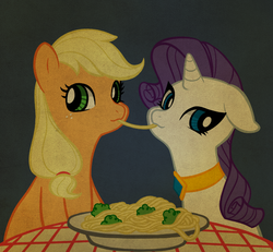 Size: 650x600 | Tagged: safe, artist:callmefjord, applejack, rarity, earth pony, pony, unicorn, g4, broccoli, cute, duo, female, floppy ears, herbivore, jackabetes, lady and the tramp, lesbian, necklace, raribetes, ship:rarijack, shipping, spaghetti, spaghetti scene