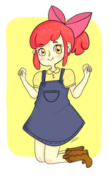 Size: 837x1343 | Tagged: safe, artist:riizu-chii, apple bloom, human, g4, adorabloom, clothes, cute, denim, denim dress, dress, female, humanized, jumping, solo