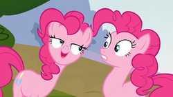 Size: 1280x720 | Tagged: safe, screencap, pinkie pie, g4, too many pinkie pies, clone, duality, lidded eyes, out of context, pinkie clone