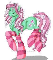 Size: 800x891 | Tagged: safe, artist:silvermoonbreeze, minty, earth pony, pony, g3, clothes, earbuds, eyes closed, female, mare, mp3 player, simple background, socks, solo, striped socks, white background
