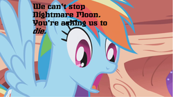 Size: 1282x721 | Tagged: safe, edit, edited screencap, screencap, rainbow dash, friendship is magic, g4, female, guardians of the galaxy, image macro, meme, parody, quote, rocket raccoon, solo