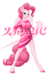 Size: 850x1327 | Tagged: safe, artist:drake, pinkie pie, earth pony, anthro, unguligrade anthro, g4, clothes, dress, female, hand on hip, solo