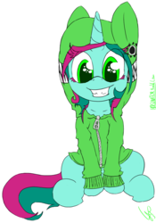 Size: 670x958 | Tagged: safe, artist:magical disaster, oc, oc only, oc:jira, bottomless, clothes, cute, front, grin, hoodie, looking at you, ponysona, sitting, solo