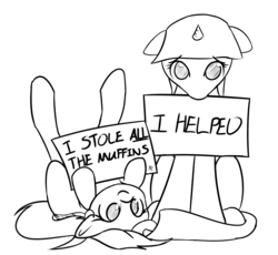 Size: 1613x1481 | Tagged: safe, artist:manicpanda, derpy hooves, twilight sparkle, pegasus, pony, g4, female, legs in air, mare, monochrome, on back, pony shaming, sign, smiling