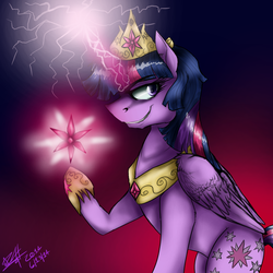 Size: 750x750 | Tagged: safe, artist:tiny hooves, twilight sparkle, alicorn, pony, g4, creepy smile, evil grin, female, gradient background, grin, jewelry, magic, necklace, solo, twilight sparkle (alicorn), tyrant sparkle