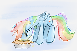 Size: 329x220 | Tagged: safe, artist:anonymous, rainbow dash, g4, eating, female, hilarious in hindsight, pie, solo, traditional art