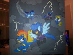 Size: 1024x768 | Tagged: dead source, safe, artist:rsharpart, soarin', spitfire, surprise (g4), g4, shadowbolts, thunderstorm, traditional art, wonderbolts