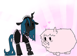 Size: 4881x3529 | Tagged: safe, artist:meowing-ghost, queen chrysalis, oc, oc:fluffle puff, changeling, changeling queen, earth pony, pony, g4, canon x oc, clothes, female, lesbian, maid, ship:chrysipuff, shipping