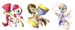 Size: 1024x410 | Tagged: safe, artist:alidythera, derpy hooves, doctor whooves, roseluck, time turner, pegasus, pony, g4, bubble, doctor who, female, hourglass, mail, mailbag, mare, rose, simple background, sonic screwdriver, tardis, transparent background